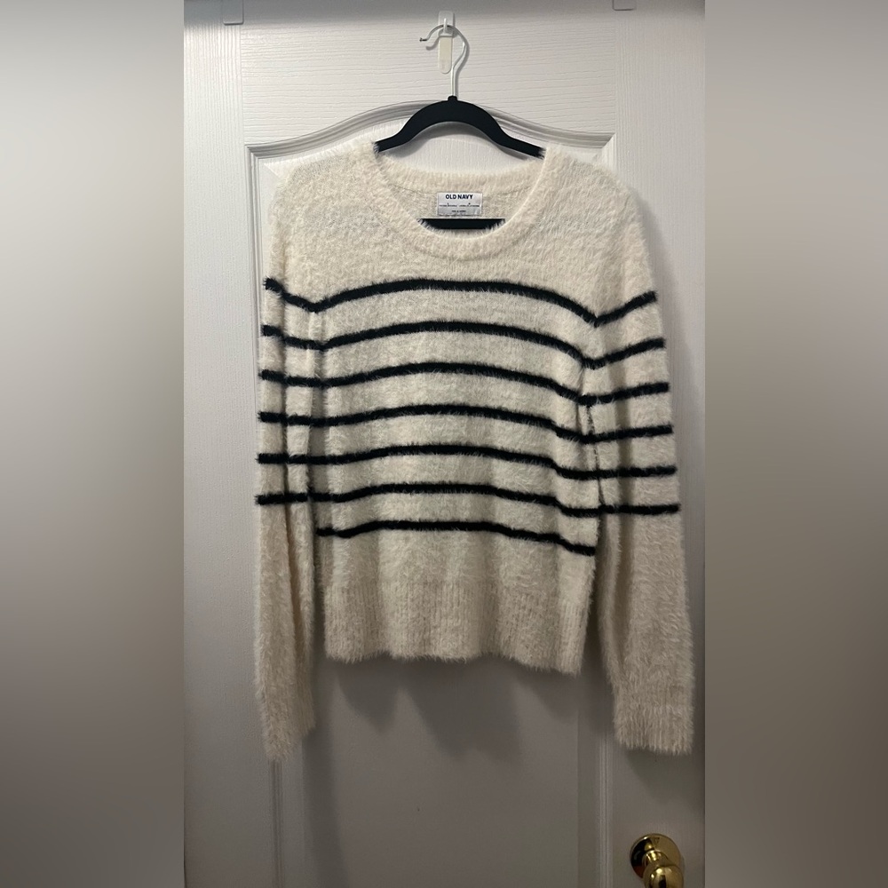 Old Navy Cream Fuzzy Crewneck Sweater with Black Stripes